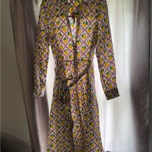 Boden Long Sleeve Wrap Dress in Yellow, Green & Purple Geometric Print